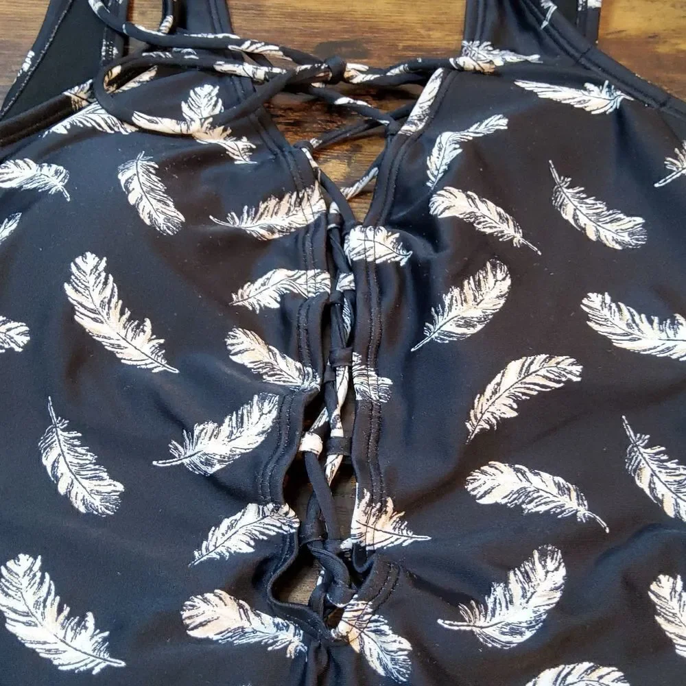 GIANNI Bini One Piece Black Feather Swimsuit Swim Large